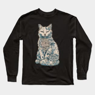 Serene Floral Feline - Intricate Cat Illustration Long Sleeve T-Shirt